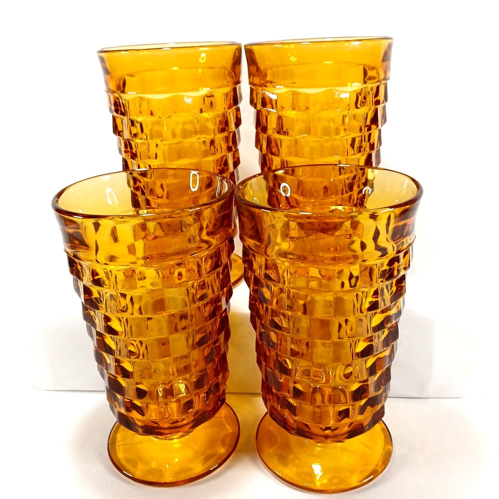 Amber Whitehall Iced Tea Glasses Indiana Glass Colony Cubist Footed Straight Rim